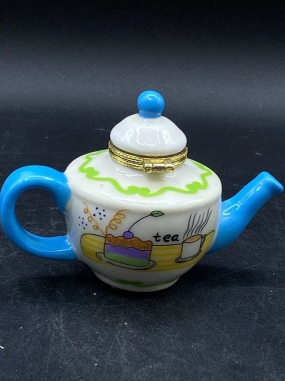Whimsical Tea Pot Hinged Trinket Box with Cake Tea Cup Design Porcelain